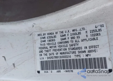 2002 Honda Cr-V Ex из США, поврежденный, VIN SHSRD78812U000214